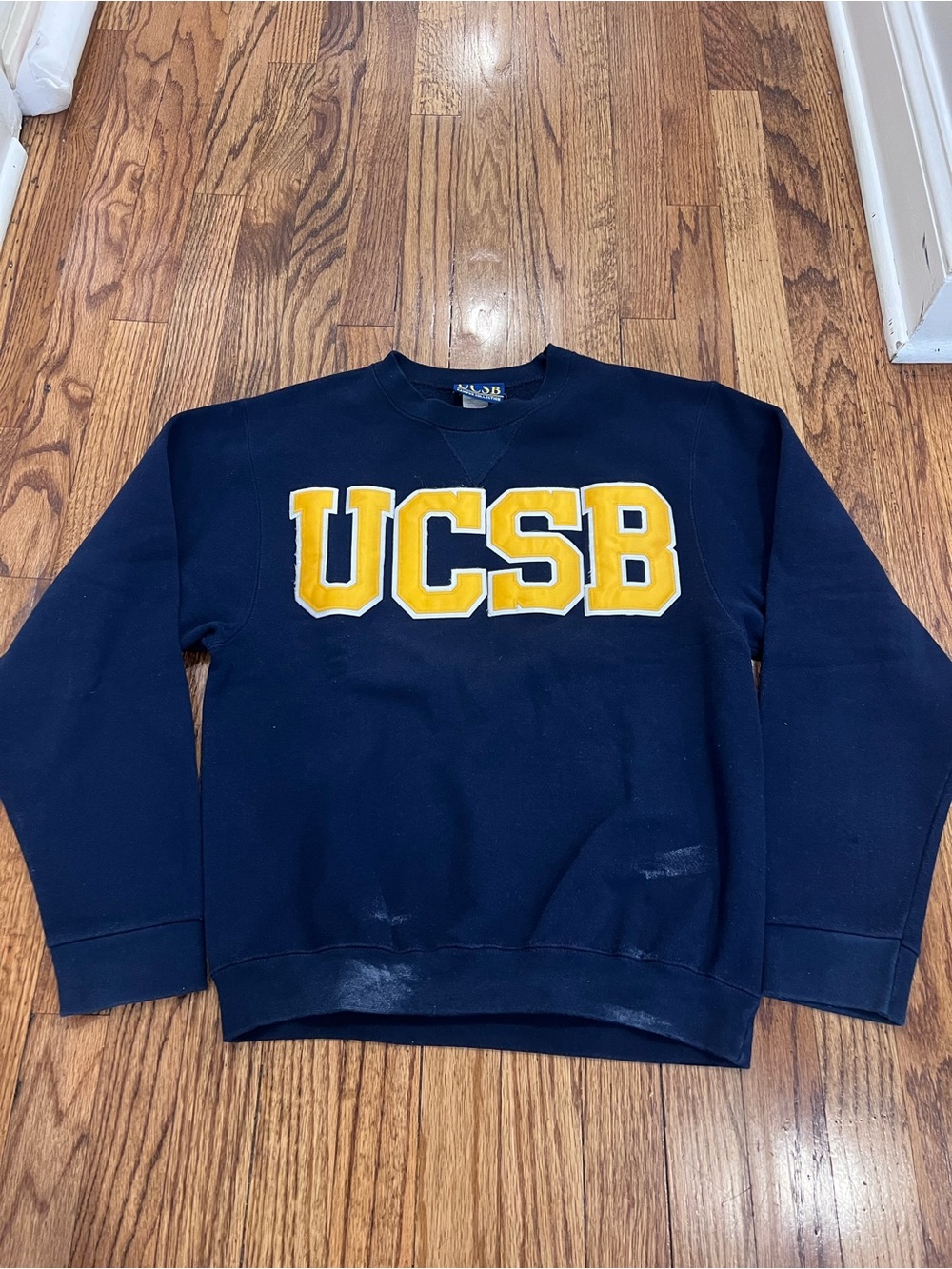 Vtg 90s UCSB Sweatshirt Blue V-Stitch USA Made Crewneck Navy Yellow Size Small